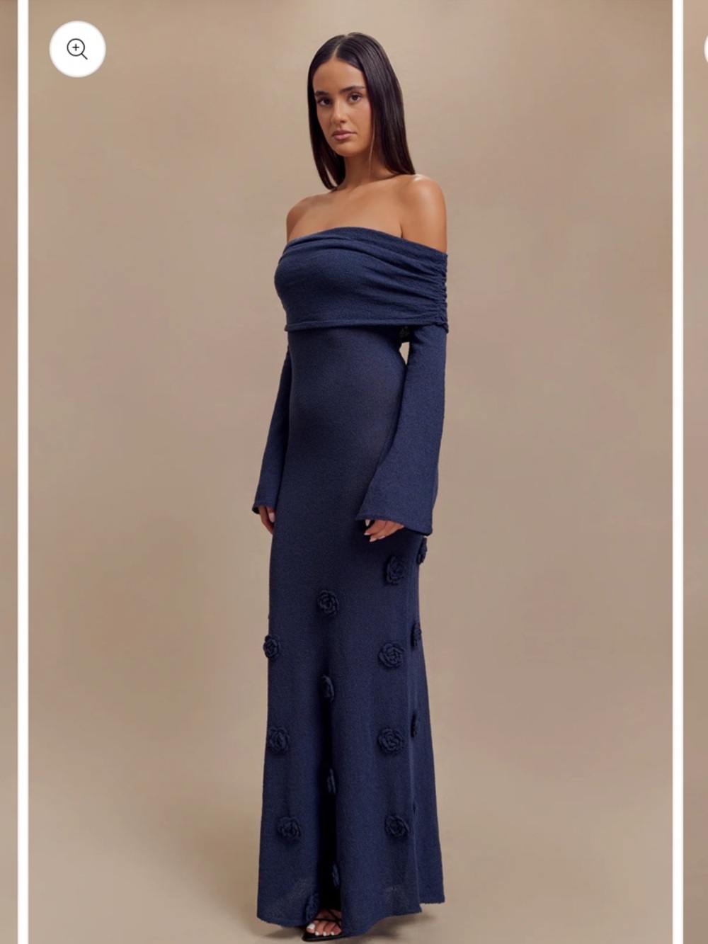 Off-Shoulder Navy Maxi Dress with Floral Appliqué